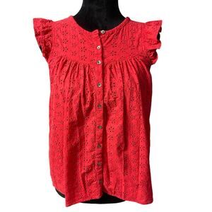Madewell Womens Red Eyelet Flutter Sleeve Top Sleeveless Size XS